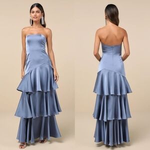 Lulus Blissfully Beautiful Slate Satin Strapless Tiered Maxi Dress Wedding Party